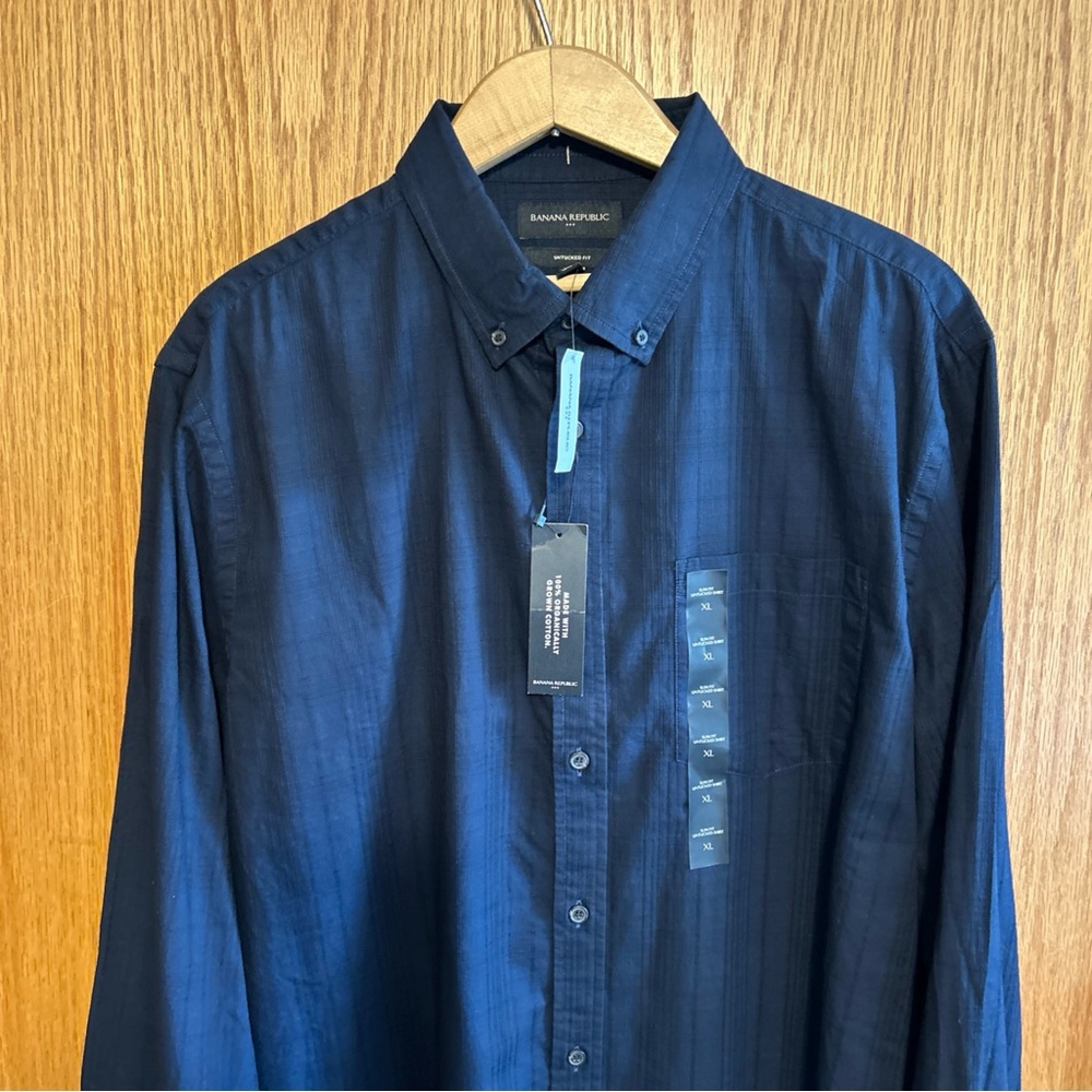 Banana Republic Shirt Mens XL Blue Check Slim Untucked Fit Lightweight Cotton